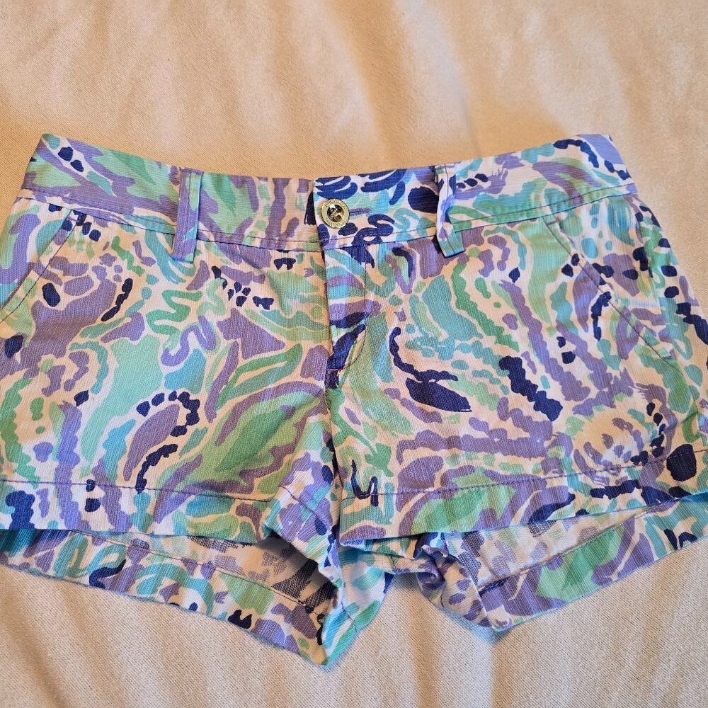 Lilly Pulitzer The Walsh Short Blue Green Print Cotton Preppy Resort Size 4 GUC.